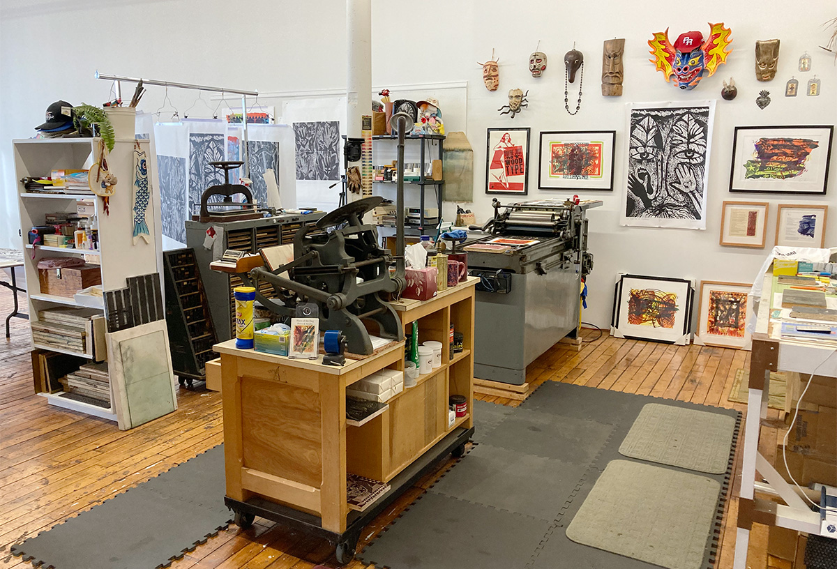 A view of the presses in the Hare of the Dog Studio of Adrian Tio